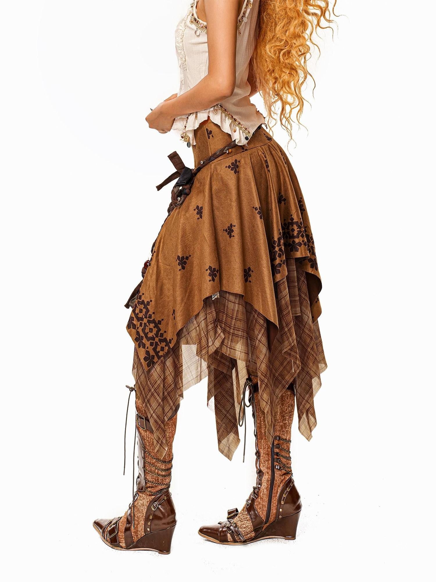 Arielink Vintage Mesh Patchwork Asymmetrical Women's Suede Midi Skirts
