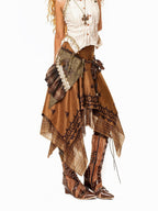 Arielink Vintage Mesh Patchwork Asymmetrical Women's Suede Midi Skirts