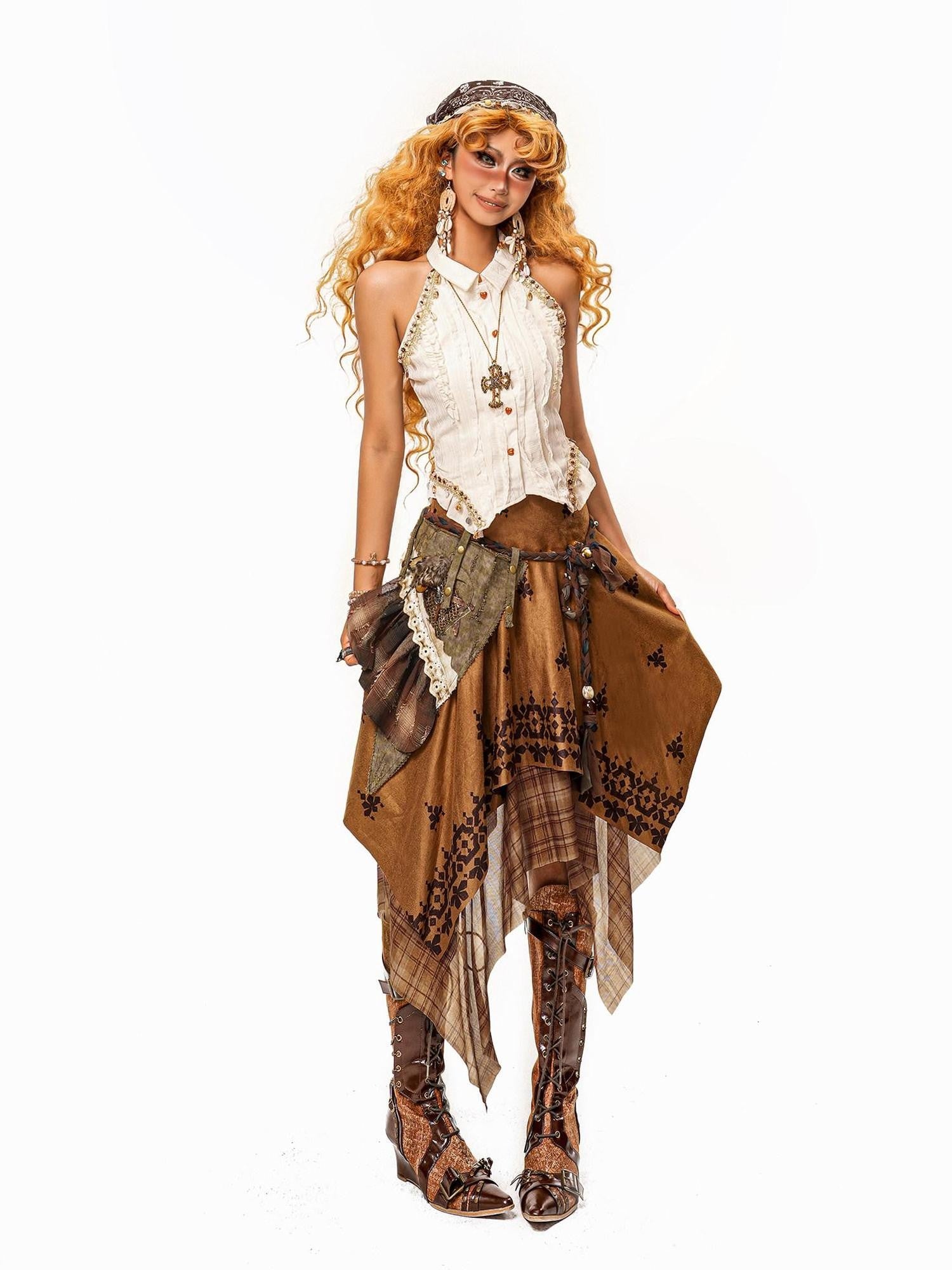 Arielink Vintage Mesh Patchwork Asymmetrical Women's Suede Midi Skirts