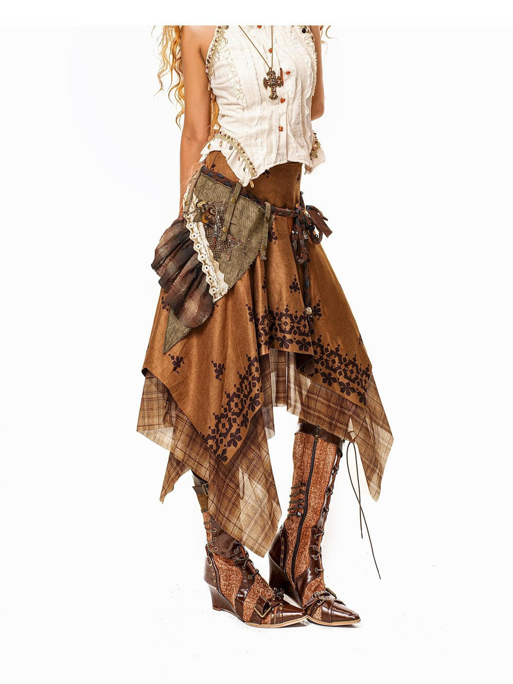 Arielink Vintage Mesh Patchwork Asymmetrical Women's Suede Midi Skirts