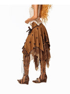Arielink Vintage Mesh Patchwork Asymmetrical Women's Suede Midi Skirts