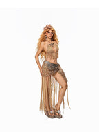 Arielink Vintage Openwork Tassel Halter Crop Women's Knit Top & Skirt Sets