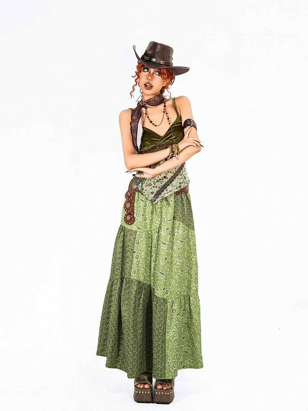 Arielink Vintage Patchwork Asymmetric Printed A Line Women's Green Maxi Skirts
