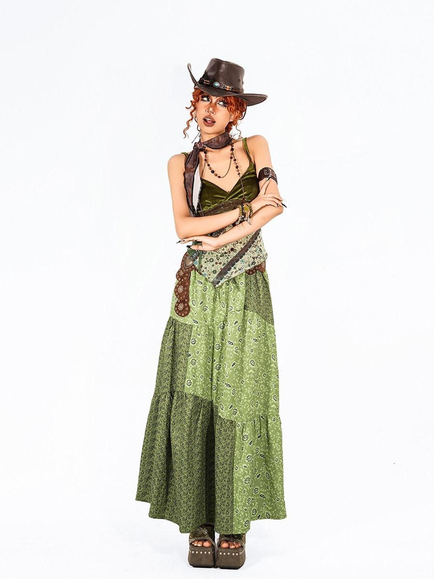 Arielink Vintage Patchwork Asymmetric Printed A Line Women's Green Maxi Skirts