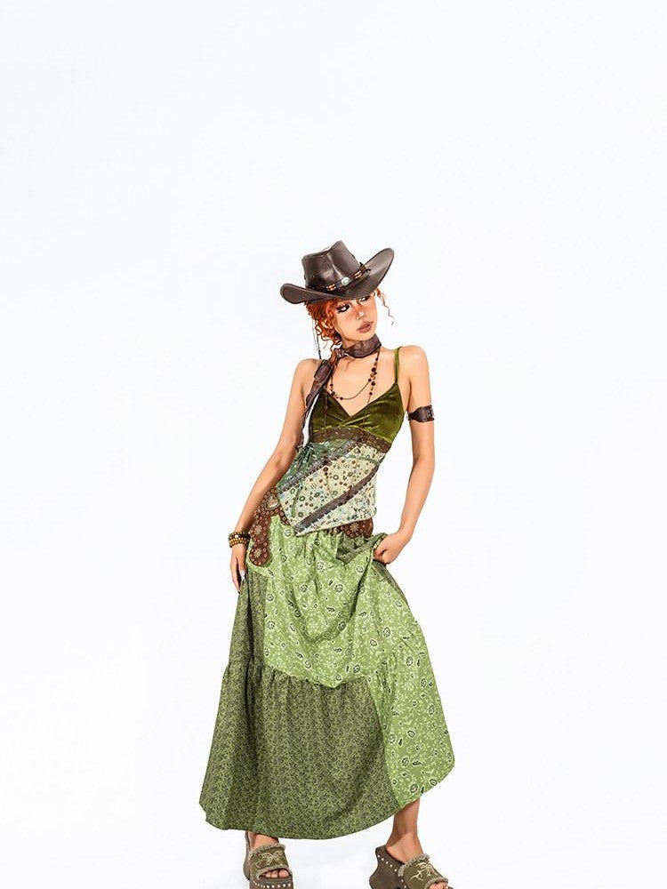 Arielink Vintage Patchwork Asymmetric Printed A Line Women's Green Maxi Skirts