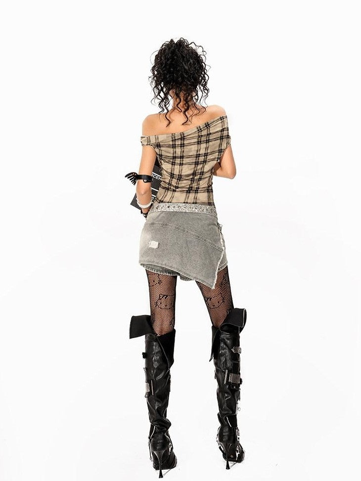 Arielink Vintage Plaid Asymmetric One Shoulder Cropped Slim Women's Short Sleeve T-shirts