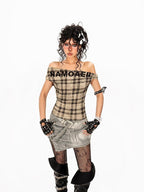 Arielink Vintage Plaid Asymmetric One Shoulder Cropped Slim Women's Short Sleeve T-shirts