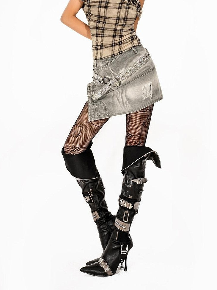 Arielink Vintage Plaid Asymmetric One Shoulder Cropped Slim Women's Short Sleeve T-shirts