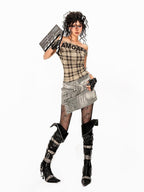 Arielink Vintage Plaid Asymmetric One Shoulder Cropped Slim Women's Short Sleeve T-shirts