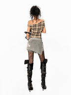 Arielink Vintage Plaid Asymmetric One Shoulder Cropped Slim Women's Short Sleeve T-shirts