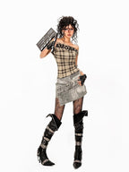 Arielink Vintage Plaid Asymmetric One Shoulder Cropped Slim Women's Short Sleeve T-shirts