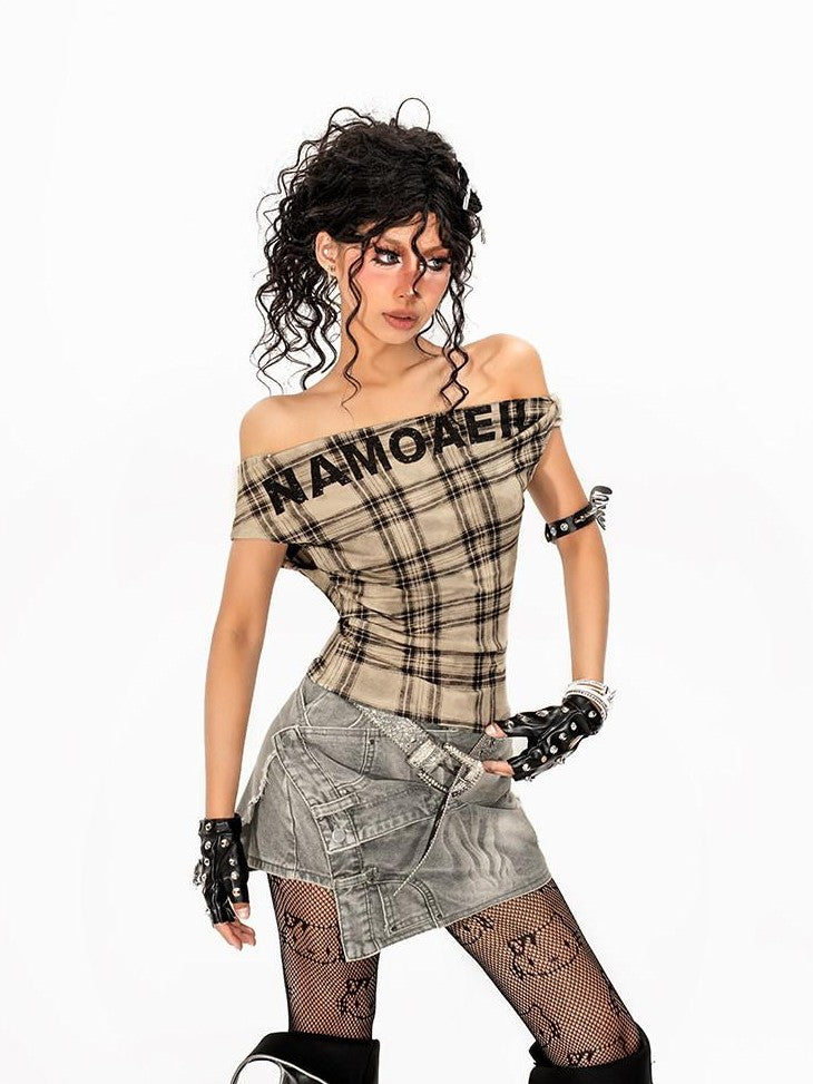 Arielink Vintage Plaid Asymmetric One Shoulder Cropped Slim Women's Short Sleeve T-shirts