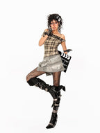 Arielink Vintage Plaid Asymmetric One Shoulder Cropped Slim Women's Short Sleeve T-shirts