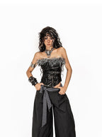 Arielink Vintage Punk Spliced Leather Zipper Bustier Women's Faux Fur Tank Tops