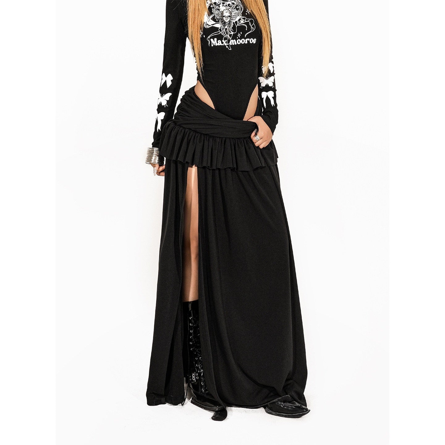Arielink Vintage Ruffled Patchwork A Line Side Slit Women's Maxi Skirts 988205697471
