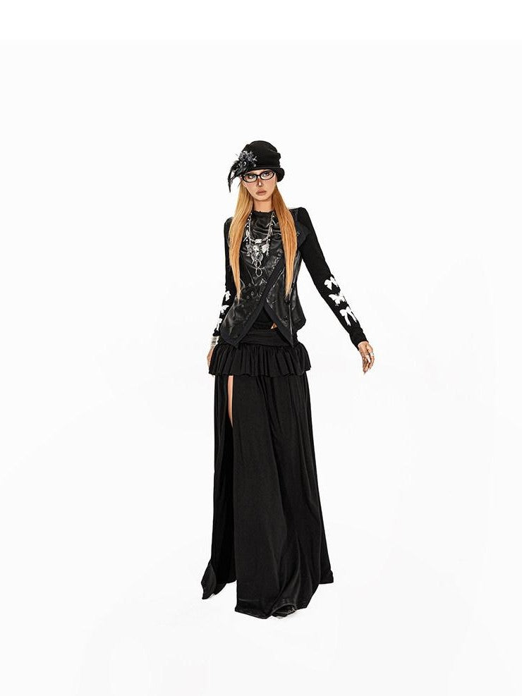 Arielink Vintage Ruffled Patchwork A Line Side Slit Women's Maxi Skirts