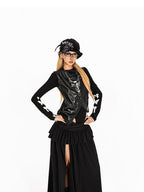 Arielink Vintage Ruffled Patchwork A Line Side Slit Women's Maxi Skirts