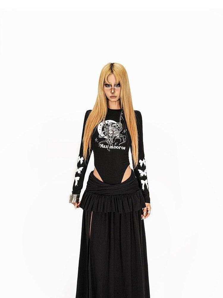 Arielink Vintage Ruffled Patchwork A Line Side Slit Women's Maxi Skirts