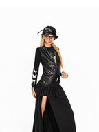 Arielink Vintage Ruffled Patchwork A Line Side Slit Women's Maxi Skirts