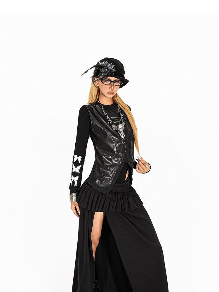 Arielink Vintage Ruffled Patchwork A Line Side Slit Women's Maxi Skirts