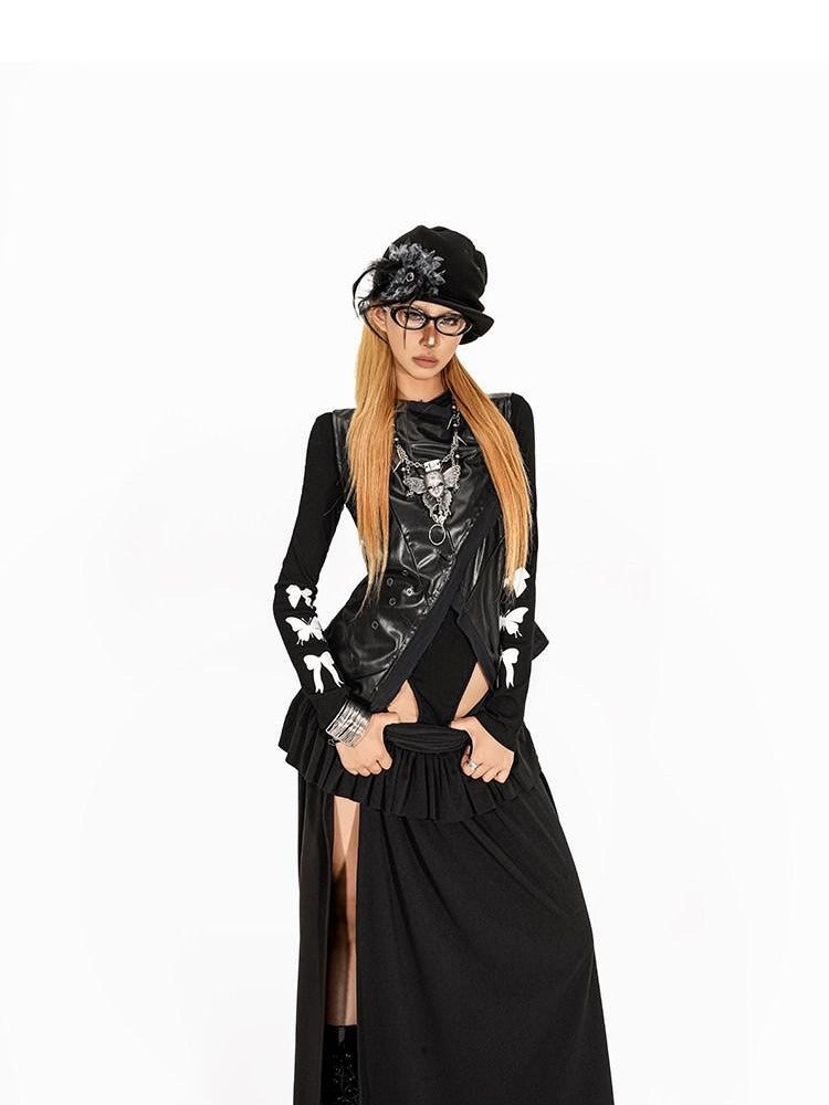 Arielink Vintage Ruffled Patchwork A Line Side Slit Women's Maxi Skirts