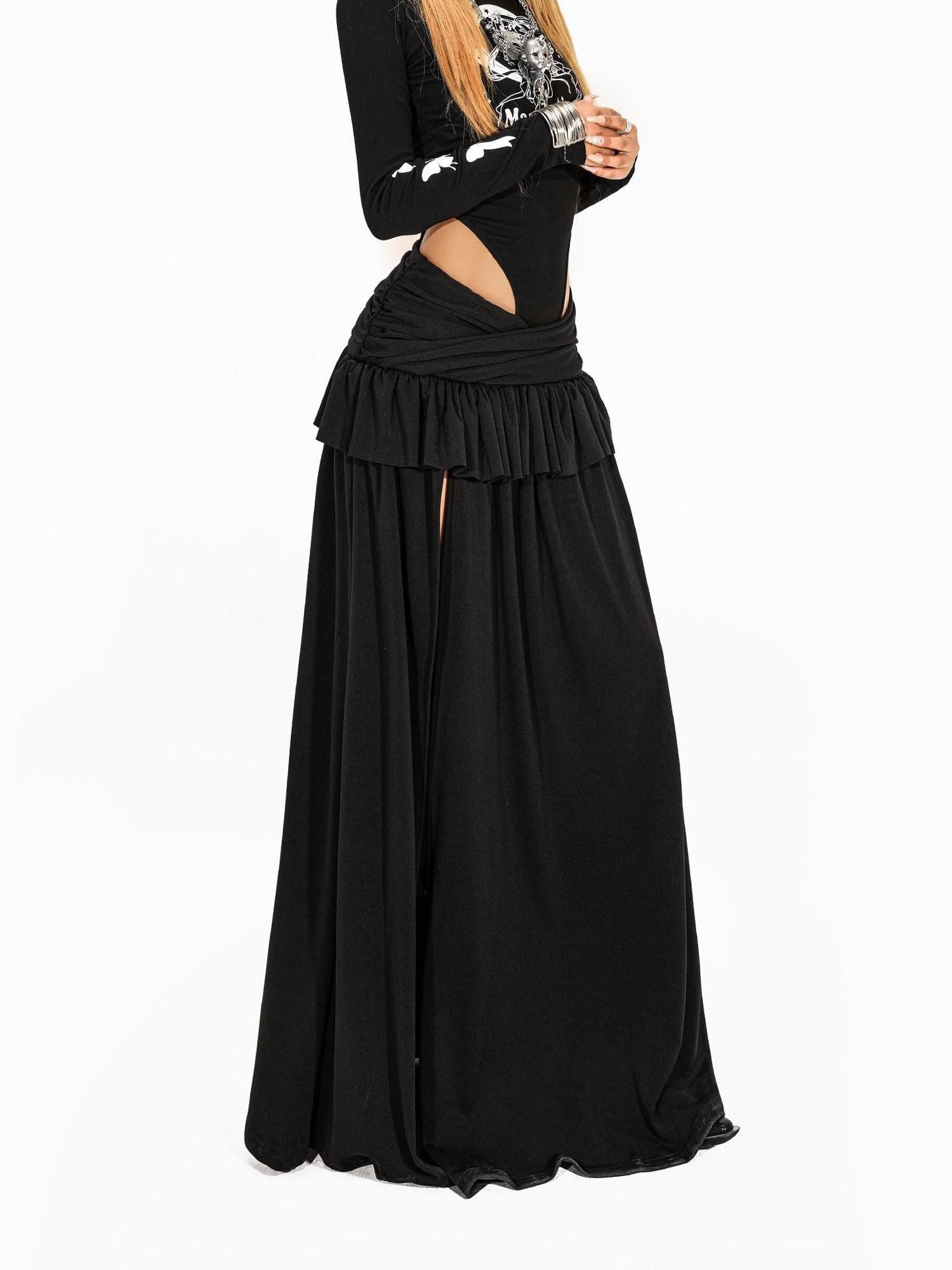 Arielink Vintage Ruffled Patchwork A Line Side Slit Women's Maxi Skirts