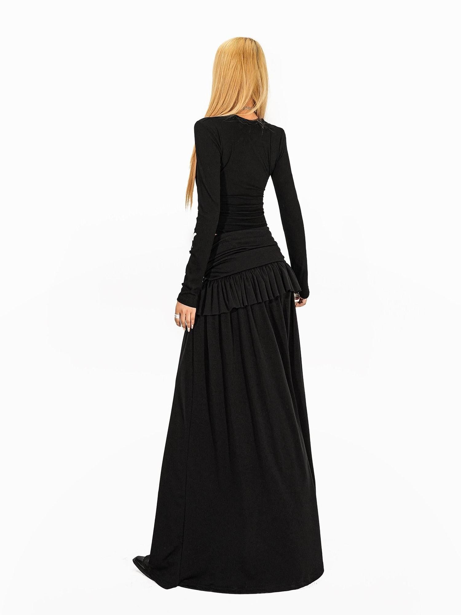 Arielink Vintage Ruffled Patchwork A Line Side Slit Women's Maxi Skirts