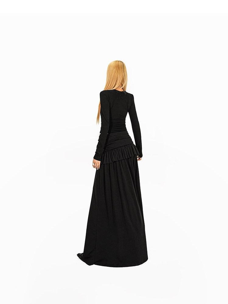 Arielink Vintage Ruffled Patchwork A Line Side Slit Women's Maxi Skirts
