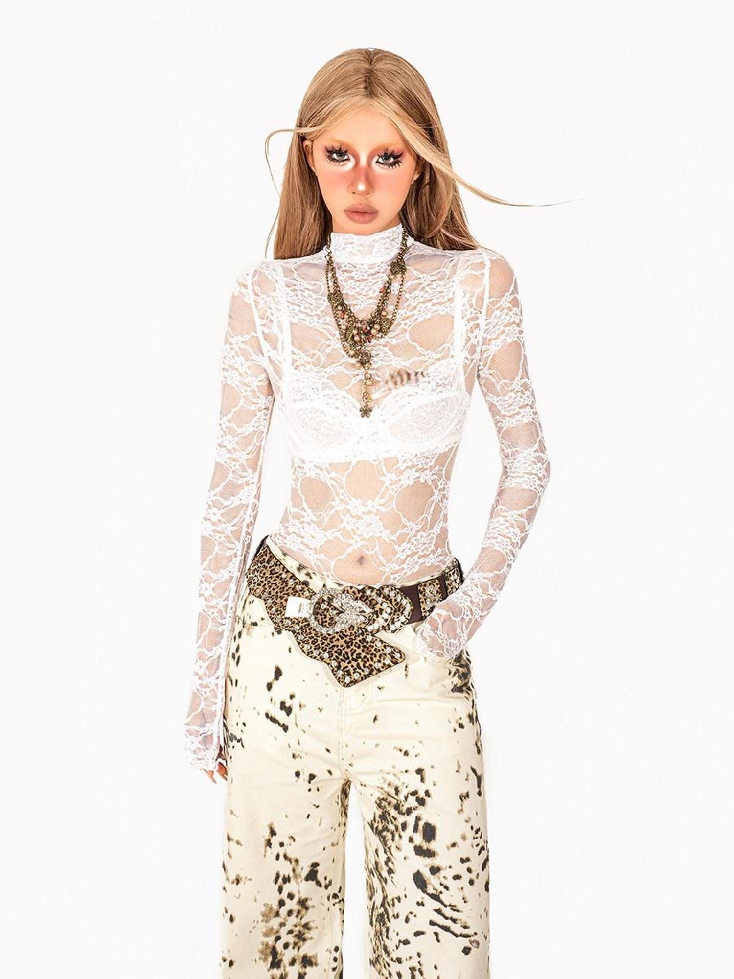 Arielink Vintage Sheer Cutout Lace Women's Mesh Cropped Mock Neck Long Sleeve T-shirts