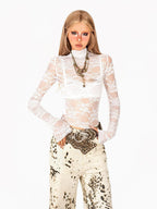 Arielink Vintage Sheer Cutout Lace Women's Mesh Cropped Mock Neck Long Sleeve T-shirts