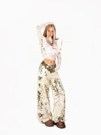 Arielink Vintage Sheer Cutout Lace Women's Mesh Cropped Mock Neck Long Sleeve T-shirts
