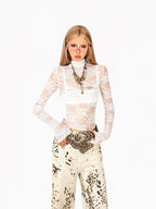 Arielink Vintage Sheer Cutout Lace Women's Mesh Cropped Mock Neck Long Sleeve T-shirts