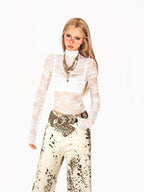 Arielink Vintage Sheer Cutout Lace Women's Mesh Cropped Mock Neck Long Sleeve T-shirts