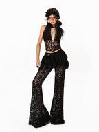 Arielink Vintage Sheer Lace Tie Halter Cropped Slim Women's Tank Tops
