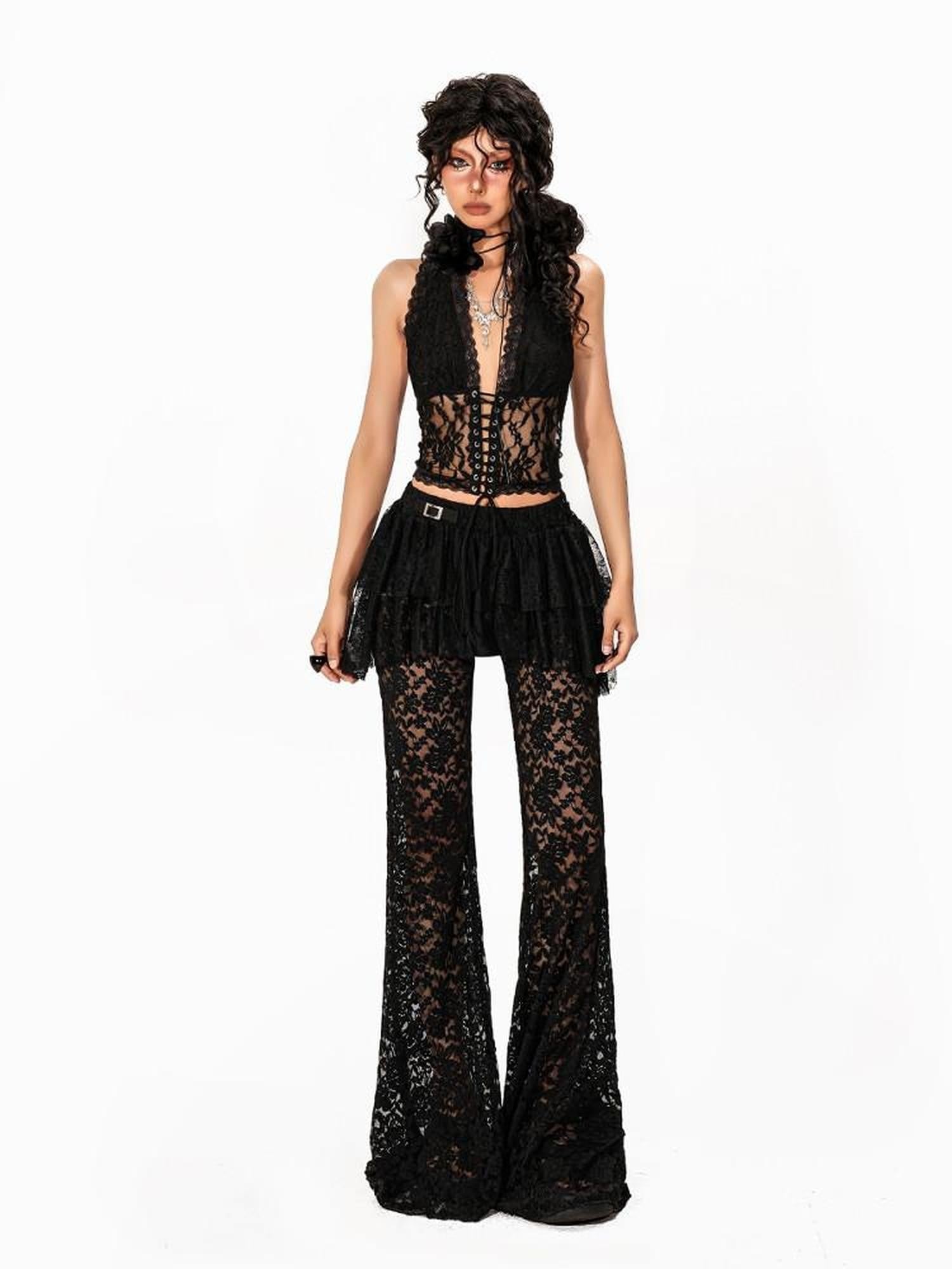 Arielink Vintage Sheer Lace Tie Halter Cropped Slim Women's Tank Tops