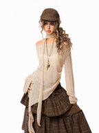 Arielink Vintage Slouchy Asymmetrical One Shoulder Women's Knitted Long Sleeve T-shirts