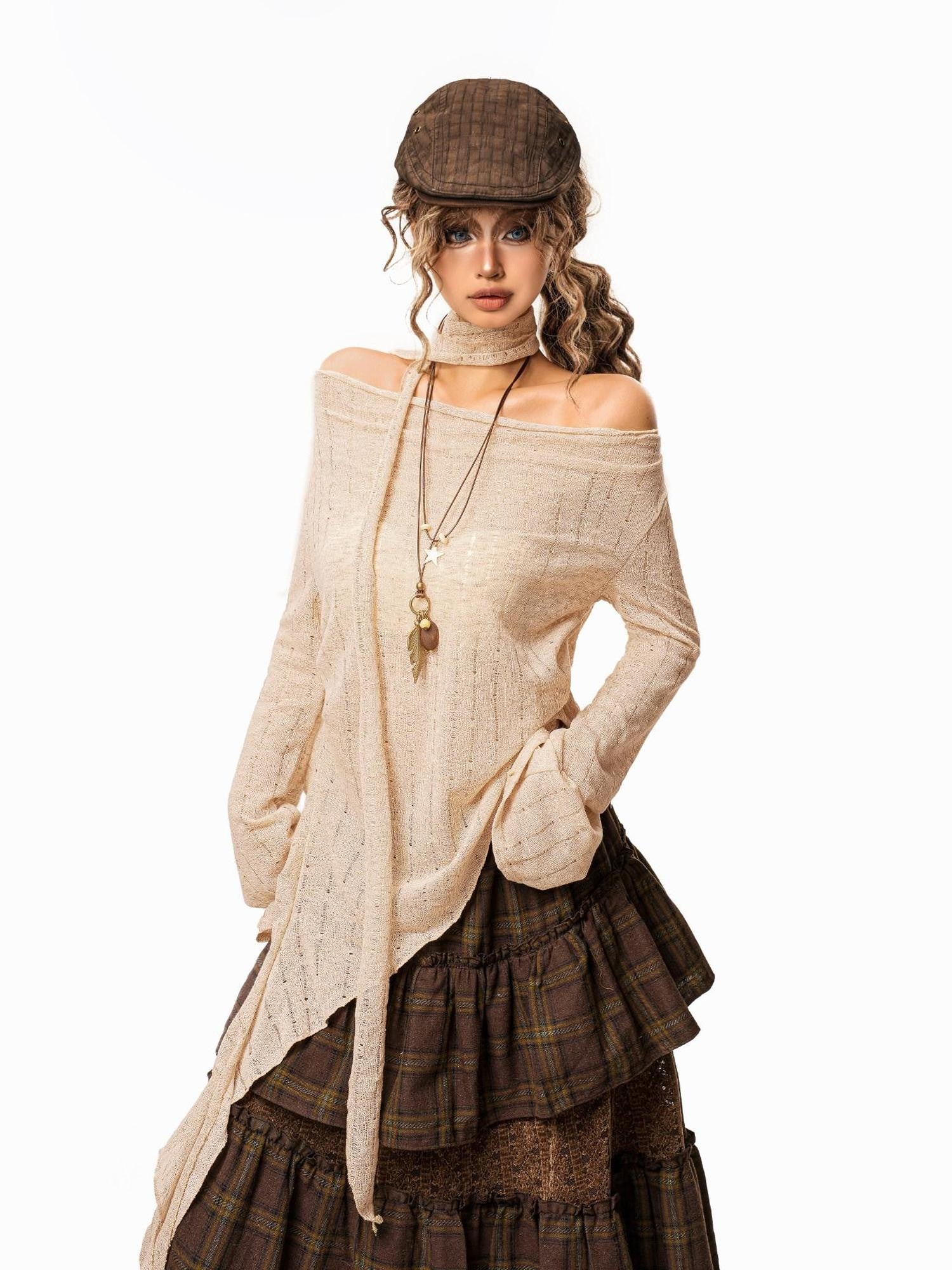 Arielink Vintage Slouchy Asymmetrical One Shoulder Women's Knitted Long Sleeve T-shirts