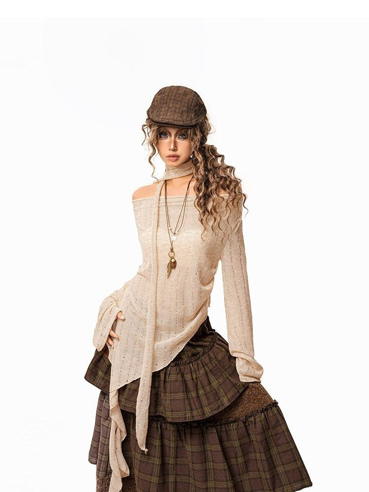 Arielink Vintage Slouchy Asymmetrical One Shoulder Women's Knitted Long Sleeve T-shirts