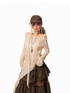Arielink Vintage Slouchy Asymmetrical One Shoulder Women's Knitted Long Sleeve T-shirts
