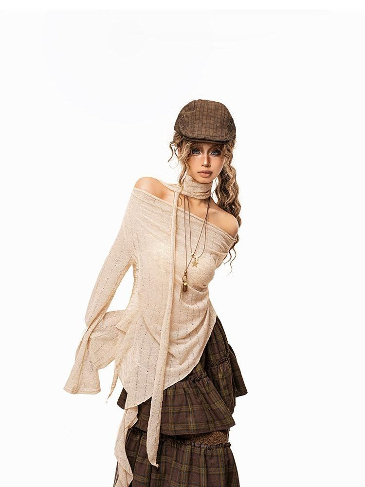 Arielink Vintage Slouchy Asymmetrical One Shoulder Women's Knitted Long Sleeve T-shirts