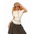 Arielink Vintage Textured Ruffle Tie Puff Sleeve Cropped Women's Short Sleeve T-shirts 1042349002265