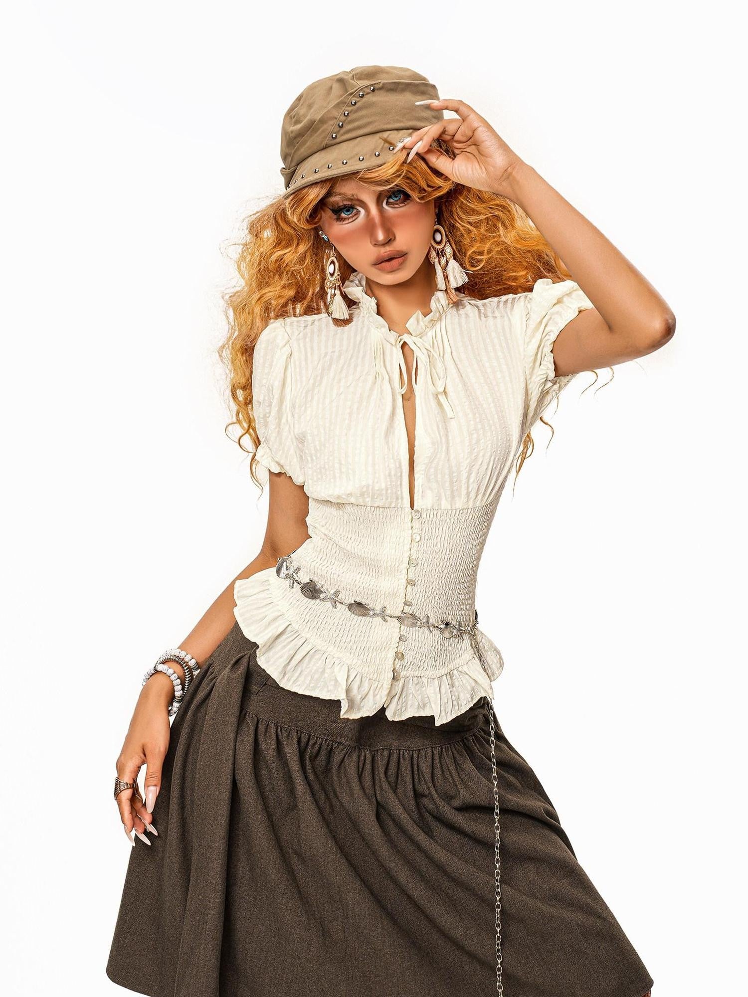 Arielink Vintage Textured Ruffle Tie Puff Sleeve Cropped Women's Short Sleeve T-shirts