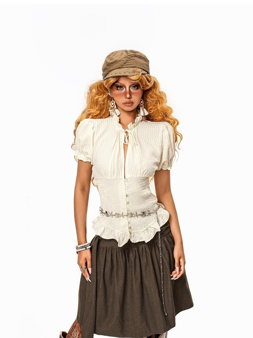 Arielink Vintage Textured Ruffle Tie Puff Sleeve Cropped Women's Short Sleeve T-shirts