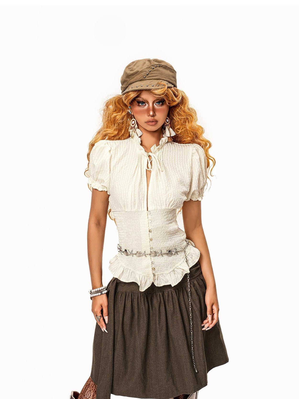 Arielink Vintage Textured Ruffle Tie Puff Sleeve Cropped Women's Short Sleeve T-shirts