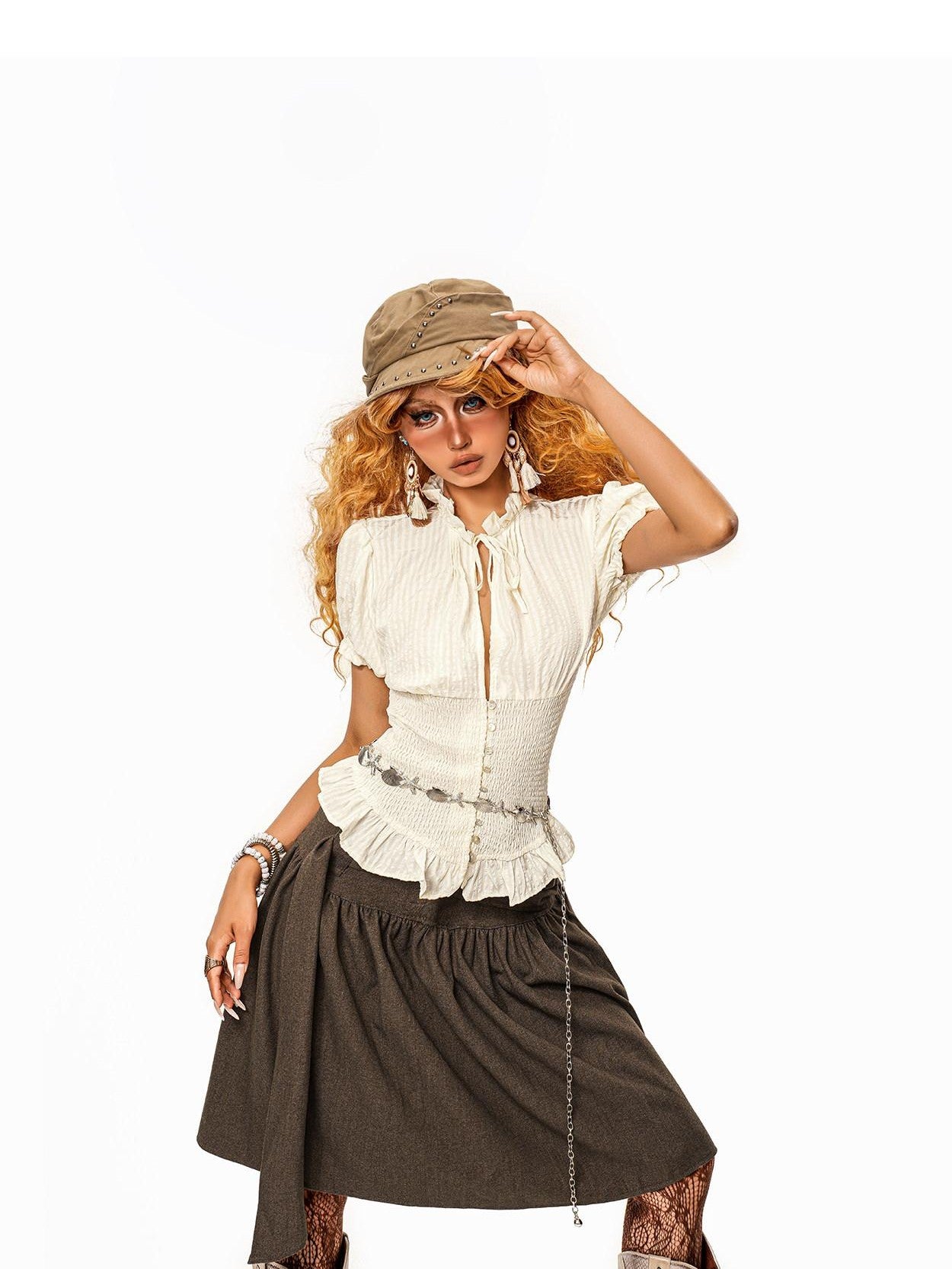 Arielink Vintage Textured Ruffle Tie Puff Sleeve Cropped Women's Short Sleeve T-shirts
