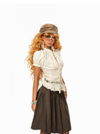 Arielink Vintage Textured Ruffle Tie Puff Sleeve Cropped Women's Short Sleeve T-shirts