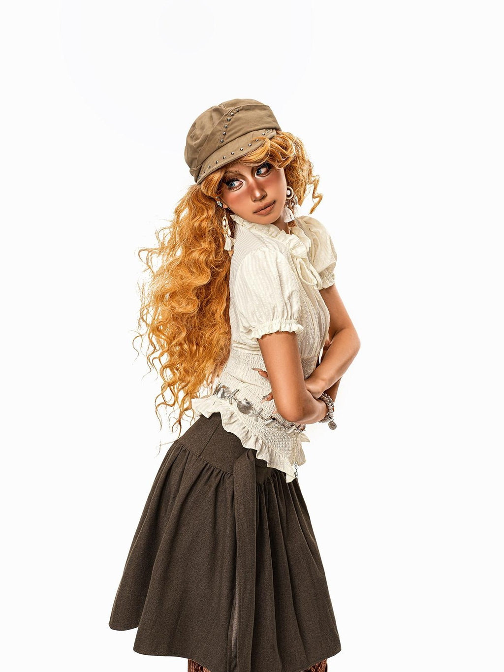 Arielink Vintage Textured Ruffle Tie Waist Puff Sleeve Women's Short Sleeve T-shirts