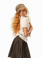 Arielink Vintage Textured Ruffle Tie Waist Puff Sleeve Women's Short Sleeve T-shirts