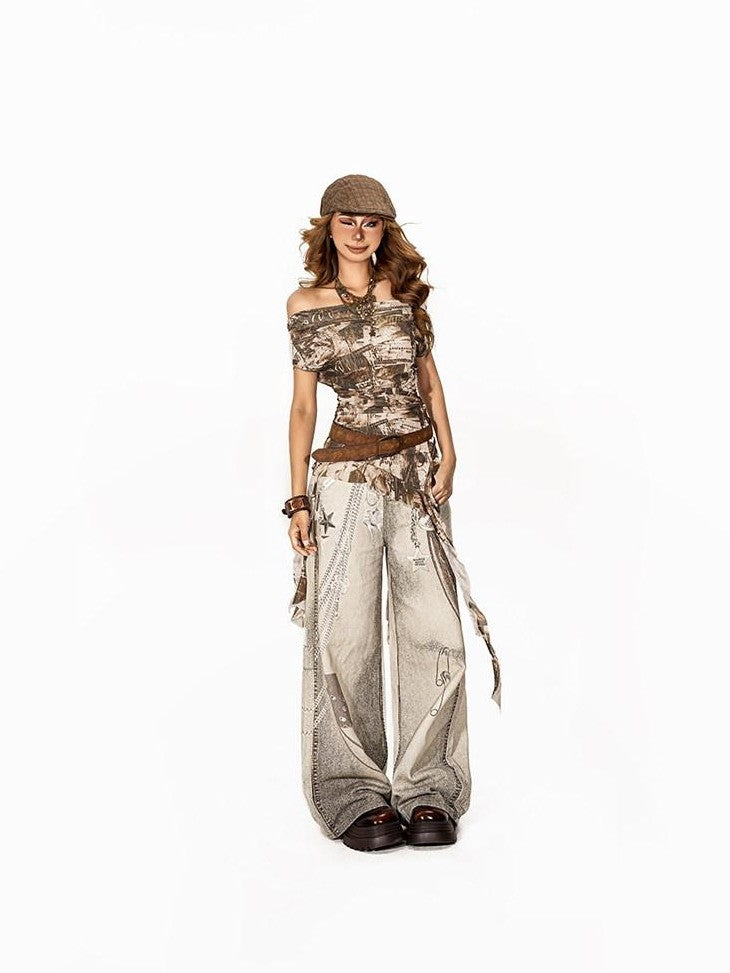 Arielink Vintage Tie Dye One Shoulder Mesh Print Women's Mesh Short Sleeve T-shirts