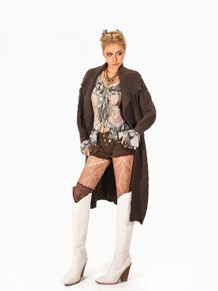 Arielink Vintage Wash Distressed Cargo Low Rise Frayed Hem Women's Brown Denim Shorts
